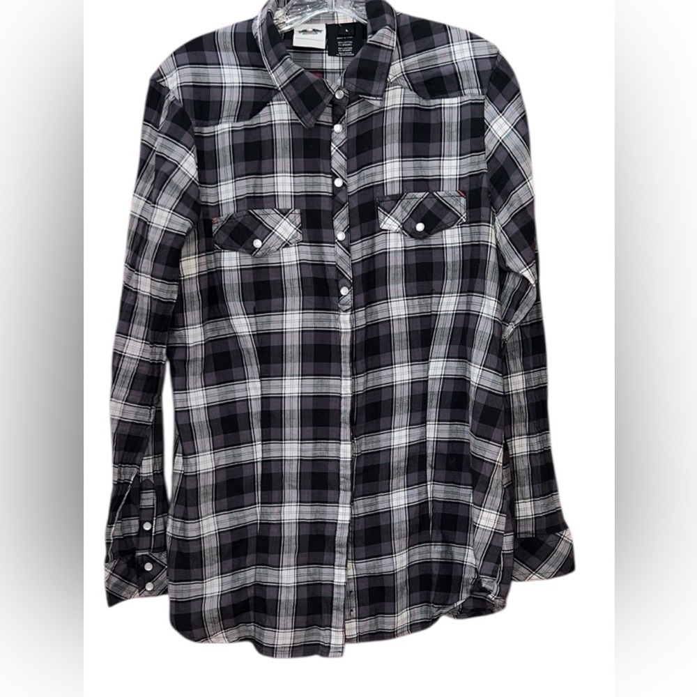 Harley-Davidson Black and White Plaid Button Down Shirt L